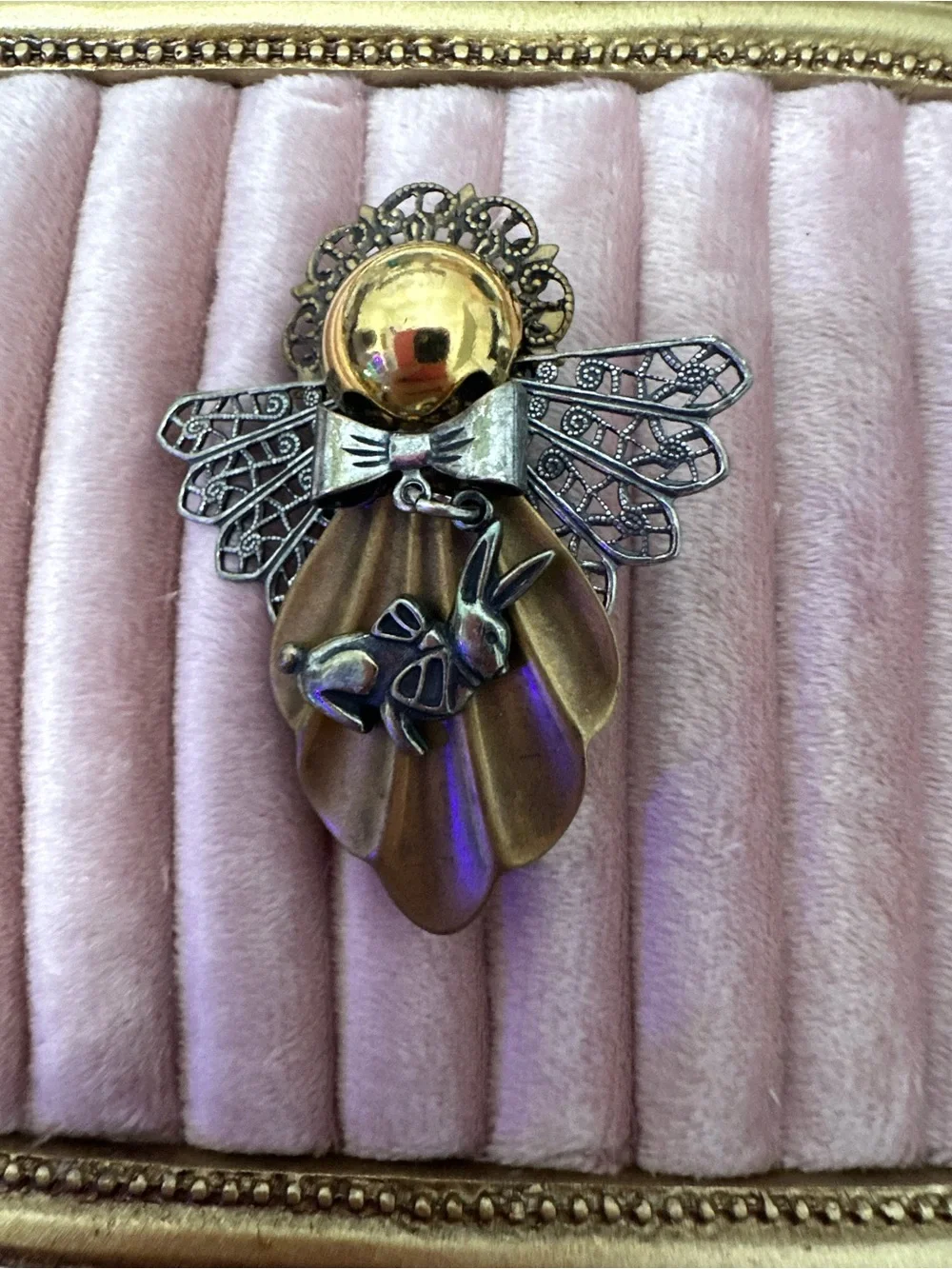 Gold and Silver Angel Brooch with Rabbit Accent - Women's Jewelry
